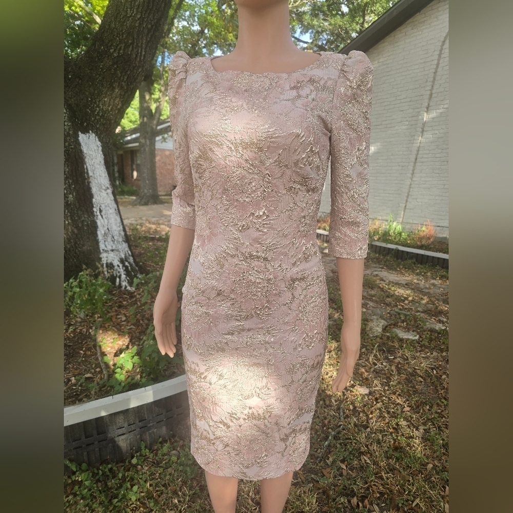 Theia Blush and Gold Long Sleeve Dress